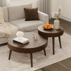 Round Coffee Table Set of 2, Nesting Tables with Honeycomb Pattern, Modern End Table for Living Room, Farmhouse, Brown