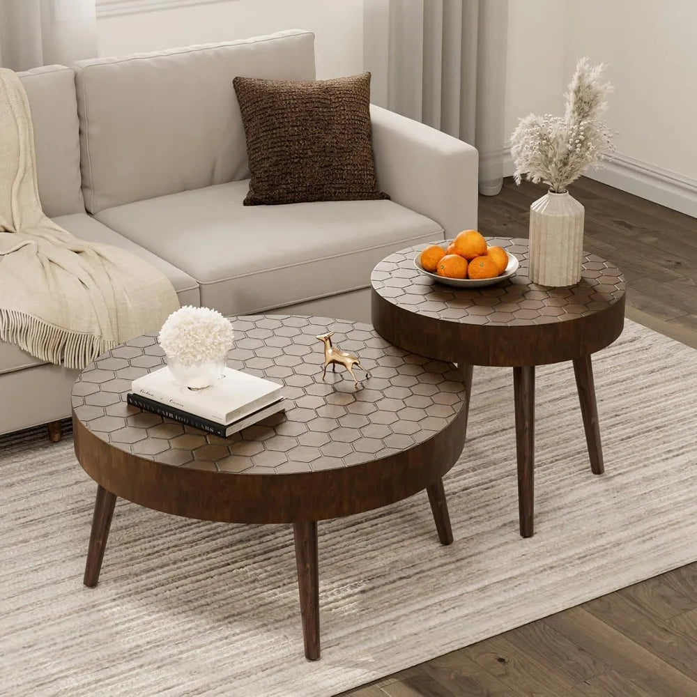 Round Coffee Table Set of 2, Nesting Tables with Honeycomb Pattern, Modern End Table for Living Room, Farmhouse, Brown