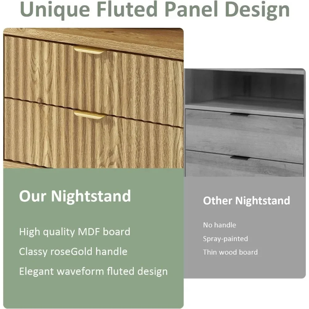 Fluted Nightstands Set of 2, Brown Night Stands with 2 Drawers and Open Shelves, Wooden Bedside Table Modern Design End Table