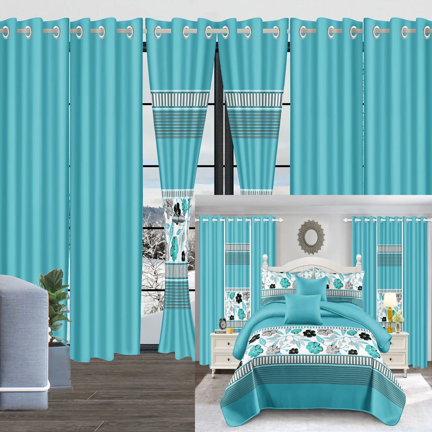 Royberry 9 Piece Thick Bedspread Set, Blue and White Flower, Inner Filling, Warmth, 3 Piece (1 * Bedspread, 2 * Pillowcase) 6 Piece Curtain Set (2 * Printed Curtain, 4 * Solid Curtain) Bedroom, Guest Room, Rv, Holiday Gift, 8