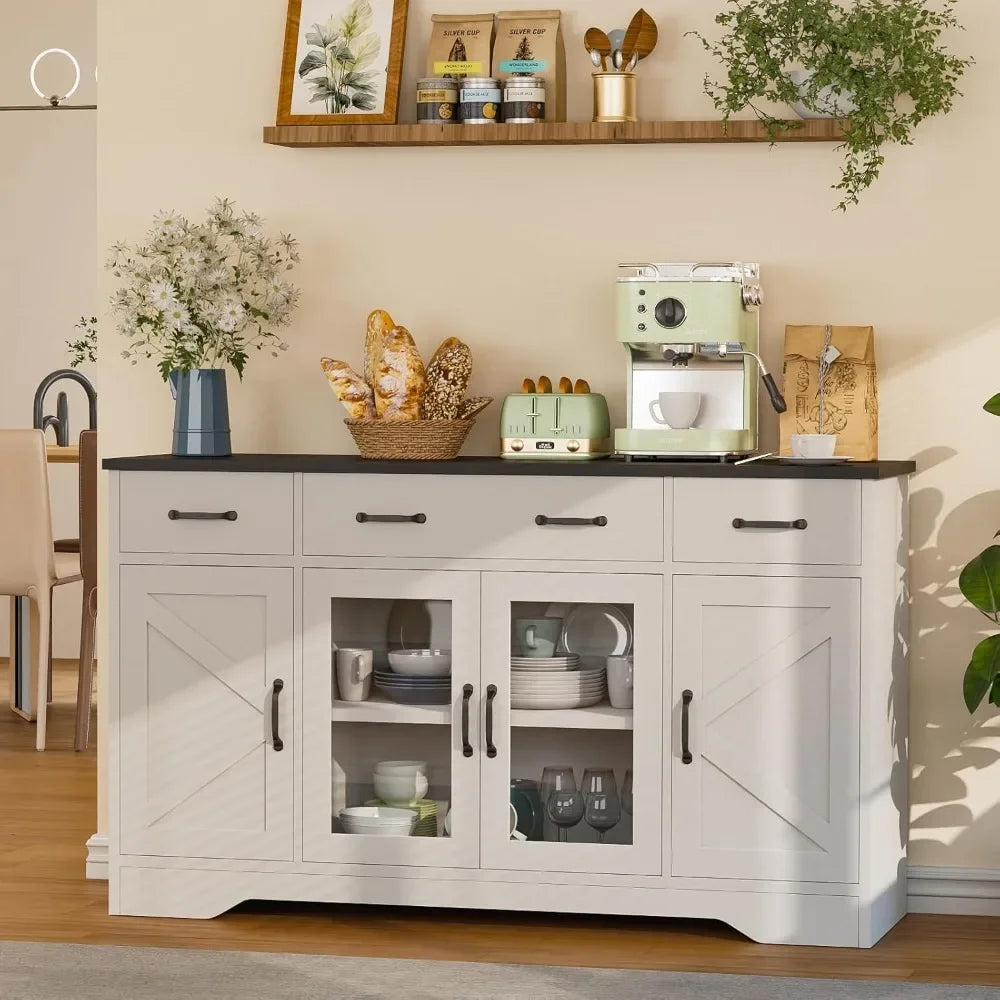 Sideboard Buffet Cabinet with Storage, 55" Kitchen Coffee Bar Cabinet with 3 Drawers & Glass Doors, Farmhouse Sideboard Buffet