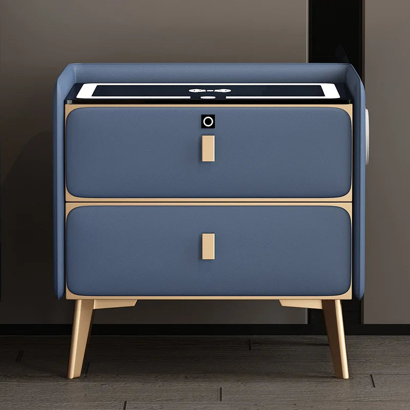 Smart Wooden Bedside Table Modern Style Multi-function Bedroom Nightstand with Wireless Charging Fingerprints Lock