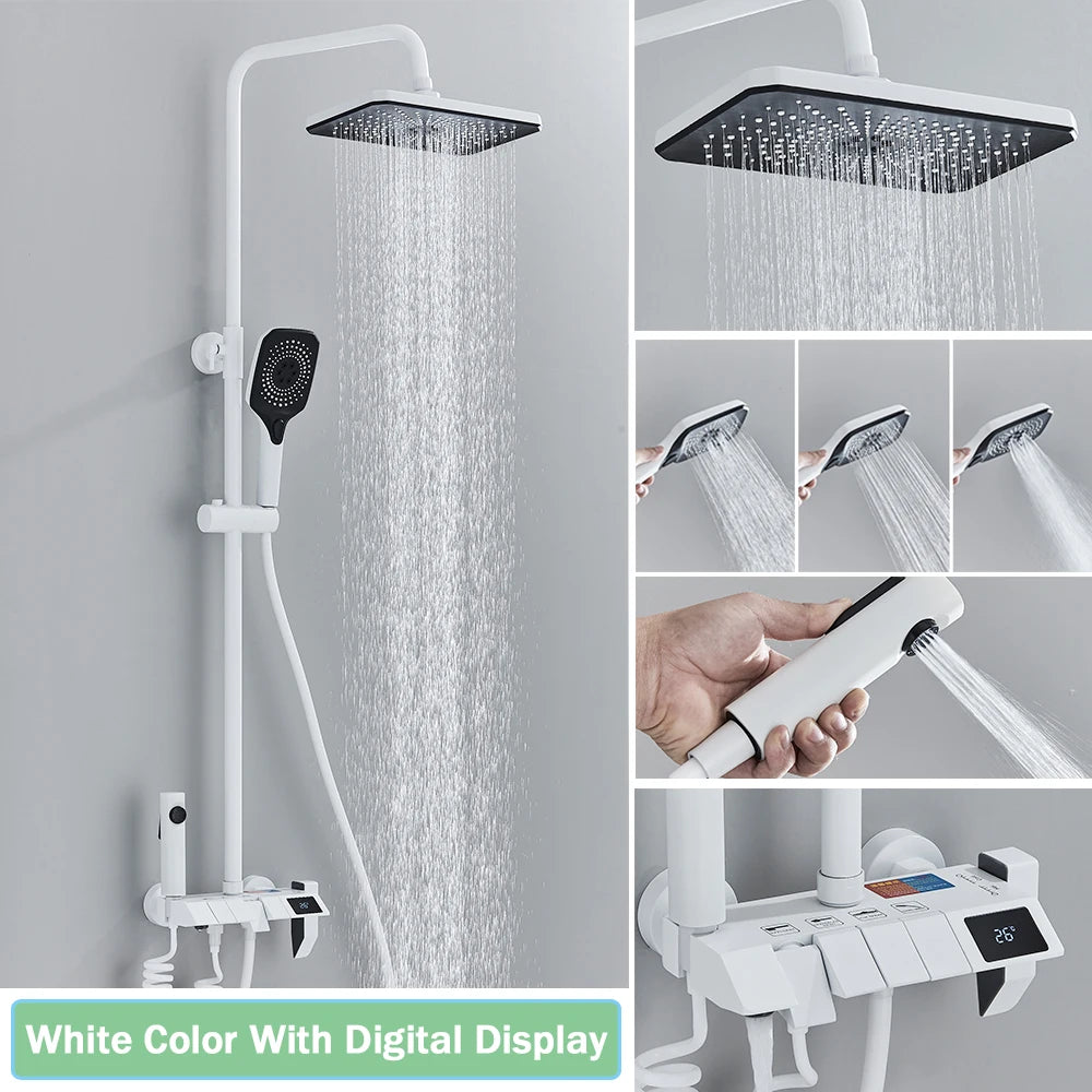 Rozin Black Smart Digital Display Shower Faucet Set Piano Style Rainlfall Bathroom System Grey Digital Mixer Tap Bidet Shower