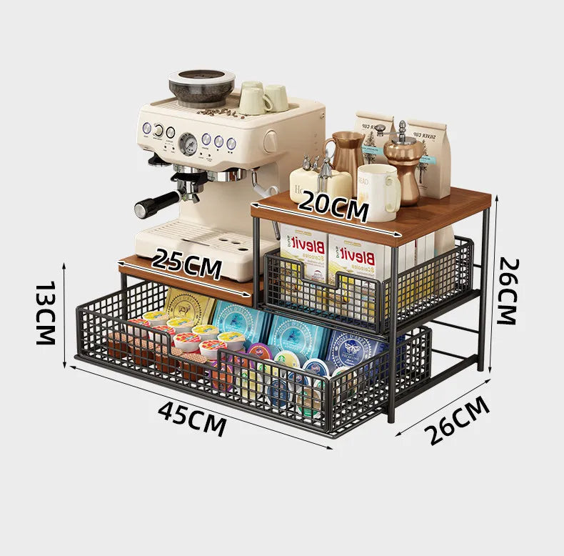 Space-Saving Kitchen Countertop Organizer with Drawer & Wire Basket - Sturdy Hardwood Shelf for Coffee Maker.