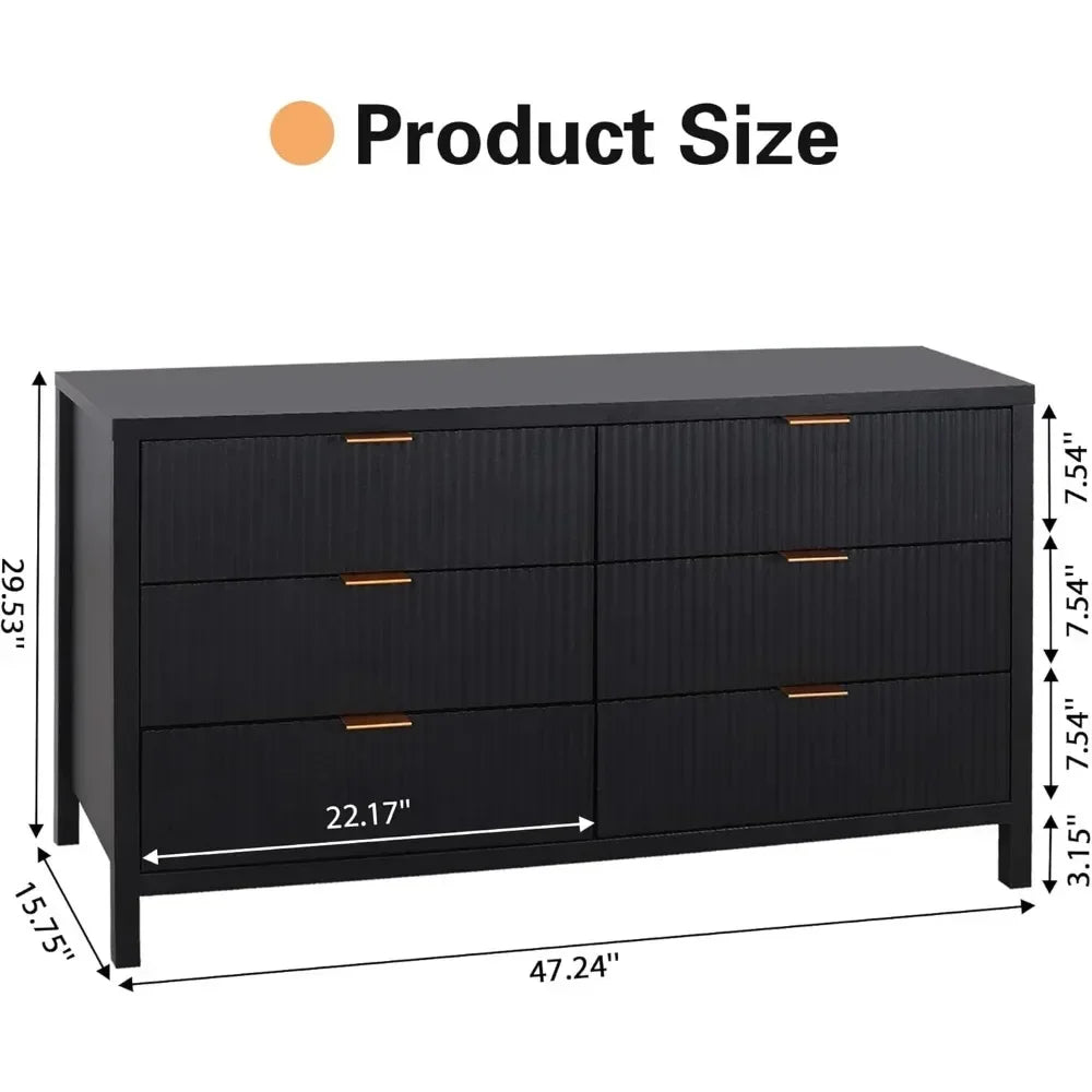 Fluted 6 Drawer Double Dresser for Bedroom, 47" Wide Modern Closet Dressers Chest of Drawers, Wood Storage Dresser Organizer