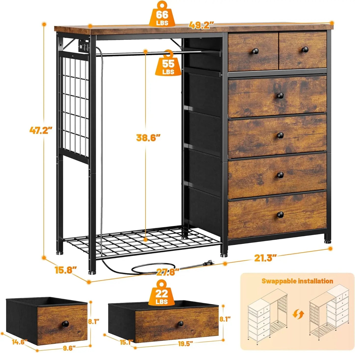 49.2" W Dresser for Bedroom with Hanging Rack 6 Drawers Dresser with LED Lights & Charging Station, Fabric Dressers