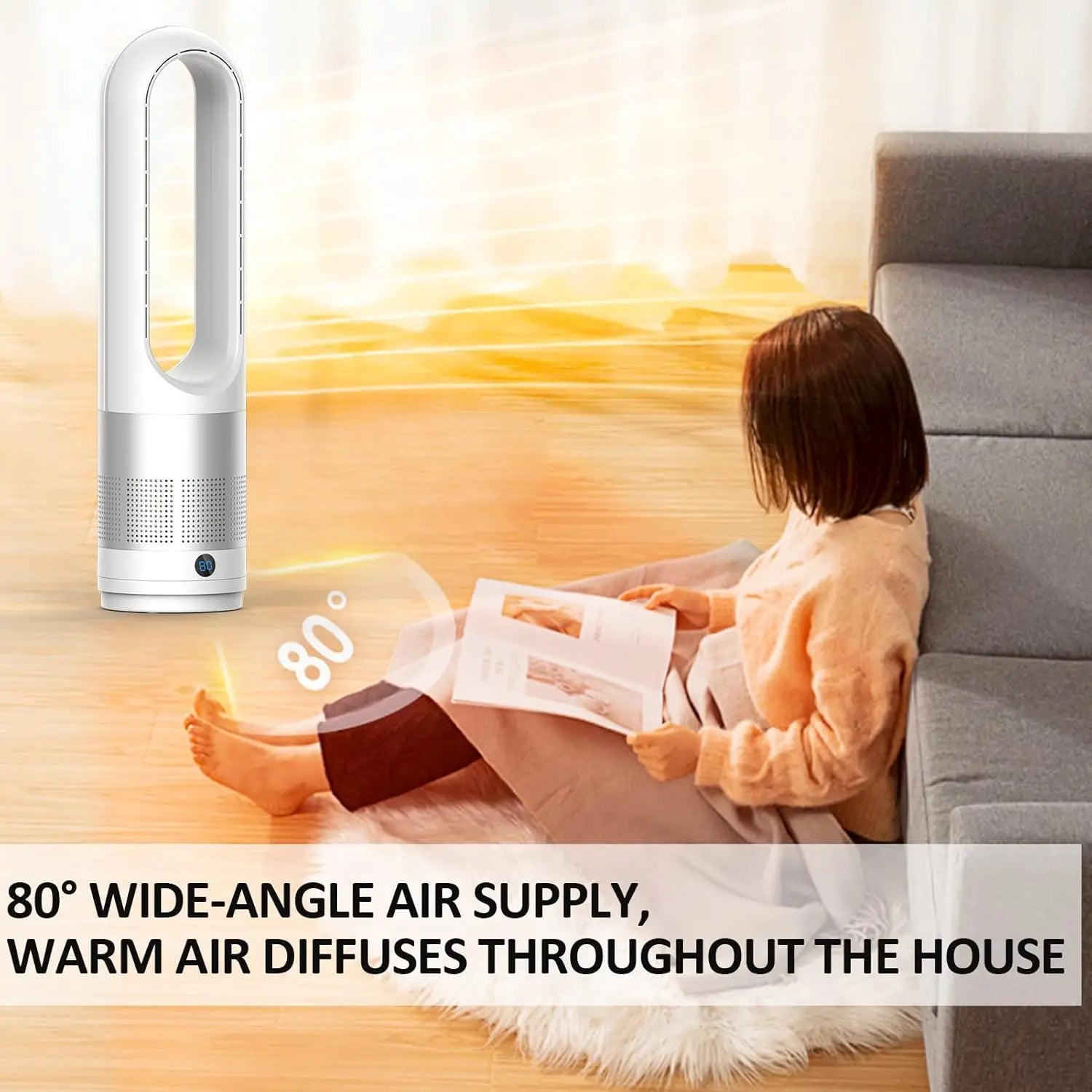 Bladeless Tower Fan Space Heater Cooler Fan Combo with Remote 80°Oscil