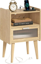 Nightstand with Charging Station, Black Wood Grain Bedside Tables, Modern End Table, Side Table with 2 Tiers Storage Space for B