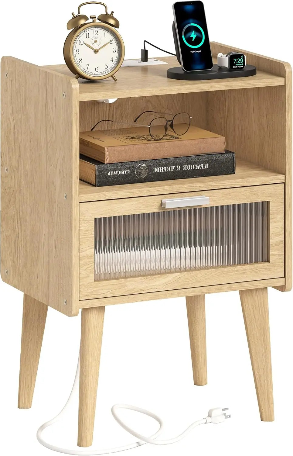 Nightstand with Charging Station, Black Wood Grain Bedside Tables, Modern End Table, Side Table with 2 Tiers Storage Space for B