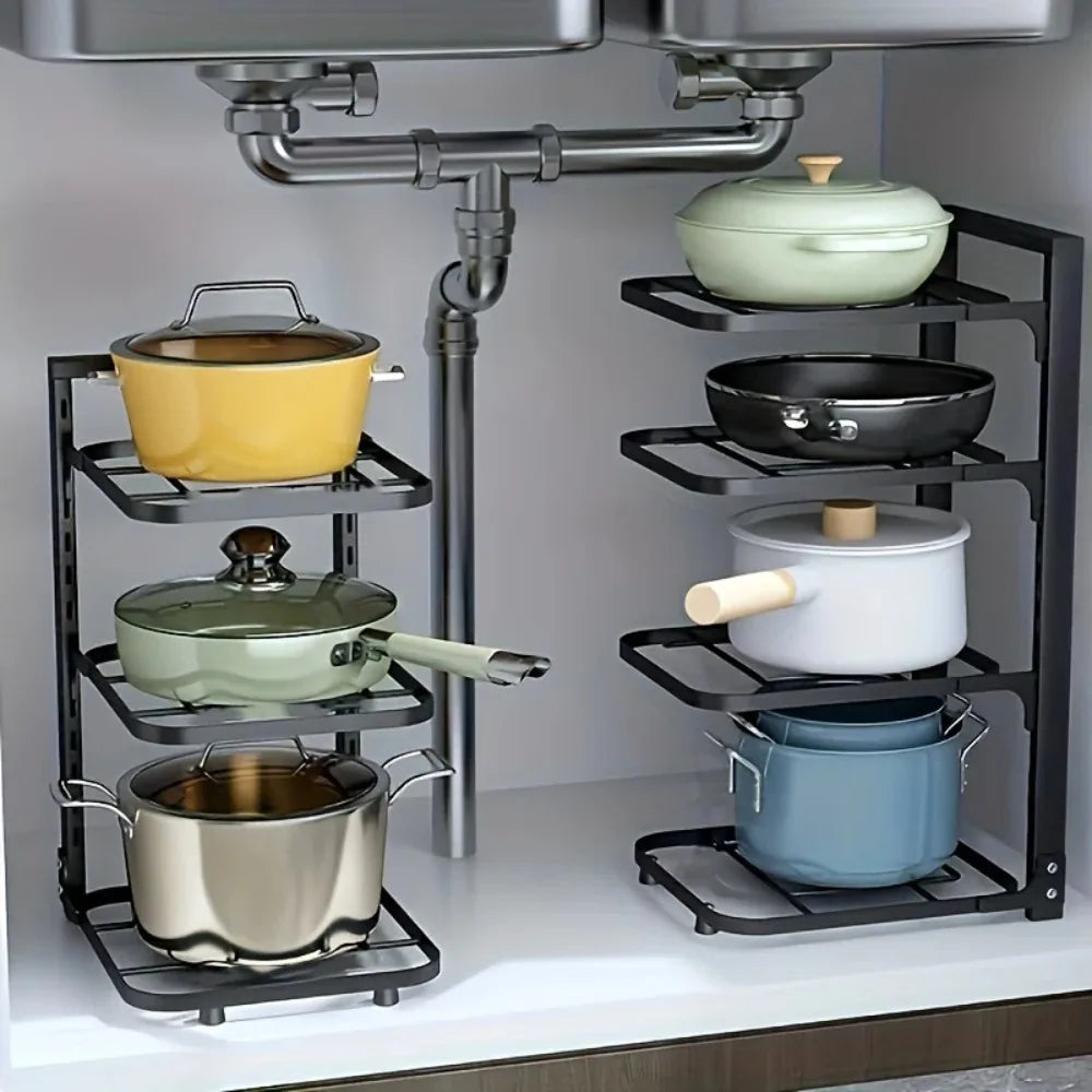 Kitchen Pot Rack Adjustable Multi-layer Under Sink Organizer Heavy Duty Cabinet Pan Holder Kitchen Storage Shelf for Cookware
