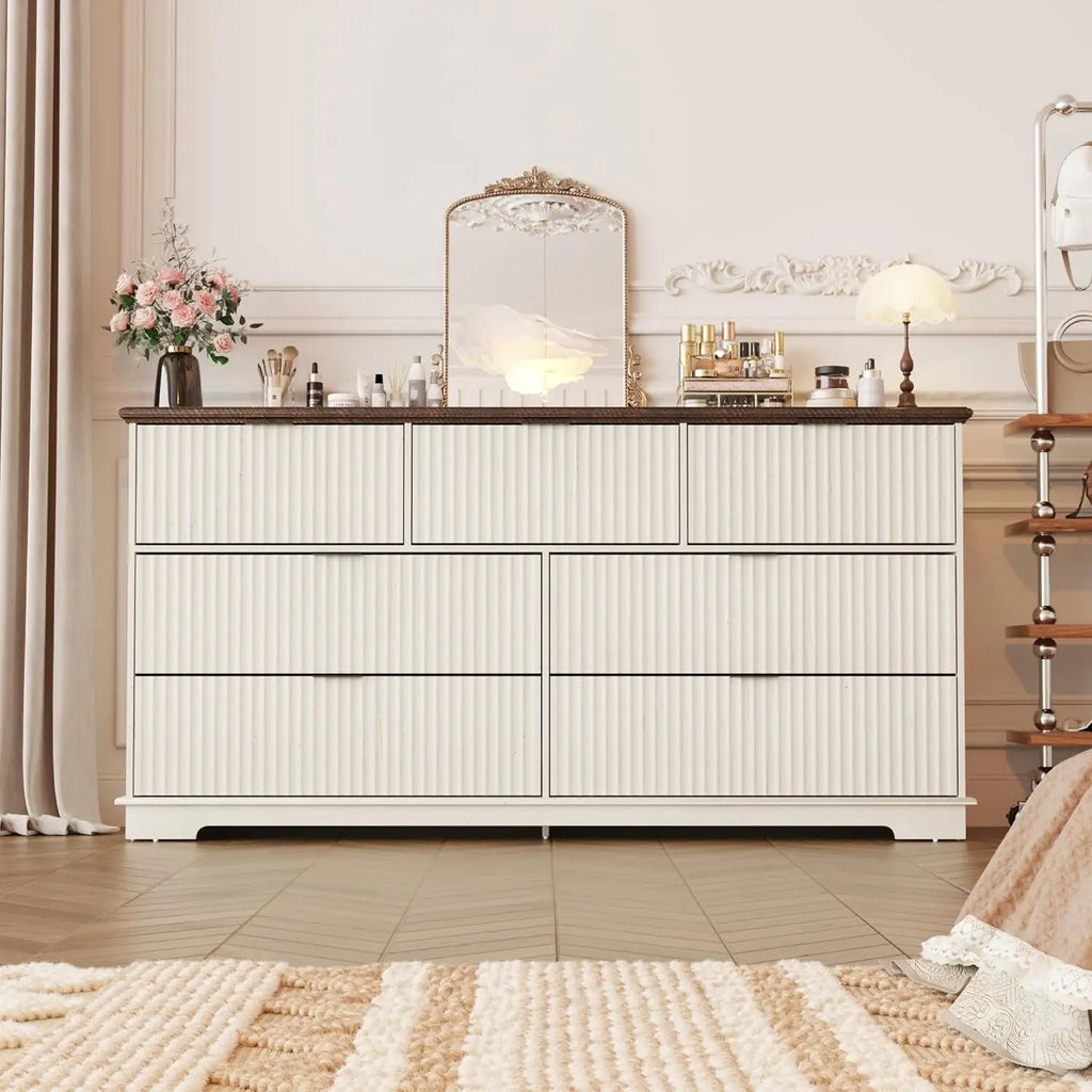 Fluted 7 Drawers Dresser for Bedroom, 63" Wood Dresser with Power Outlet and Deep Drawers, Wide Chest of Drawers