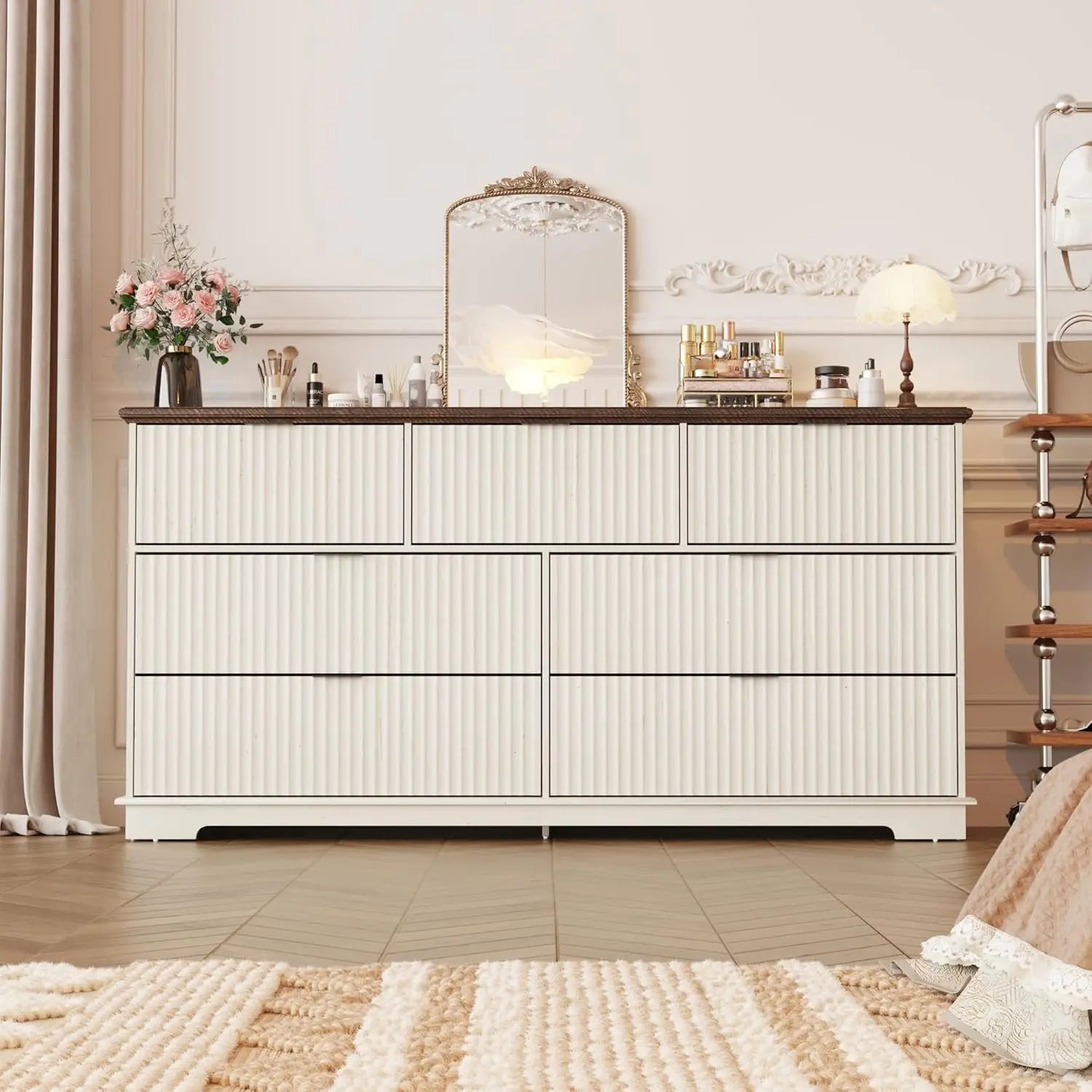 Fluted 7 Drawers Dresser for Bedroom, 63" Wood Dresser with Power Outlet and Deep Drawers, Wide Chest of Drawers