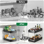 Home Household Bathroom Kitchen Under Sink Organizer 2 Tier Sliding Basket with Hooks Hanging Cup Storage Rack