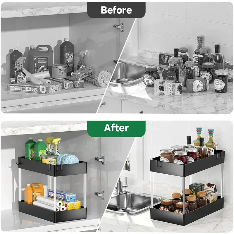 Home Household Bathroom Kitchen Under Sink Organizer 2 Tier Sliding Basket with Hooks Hanging Cup Storage Rack