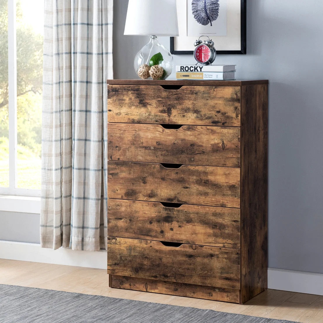 5 Drawer Bedroom Chest Dresser Brown Distressed Wood Cabinet