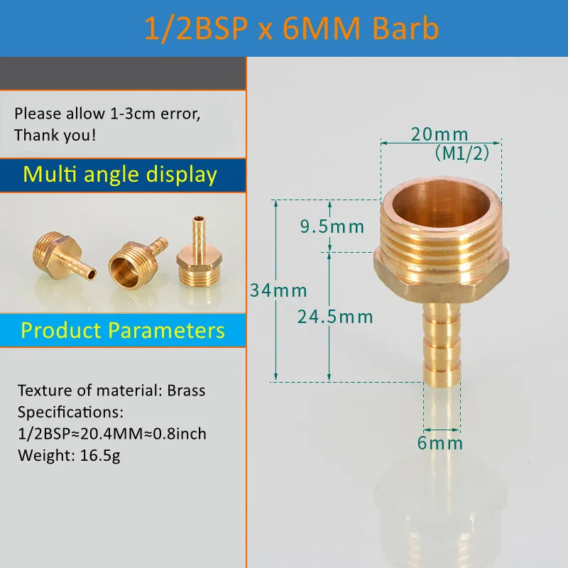 Brass Pipe Fitting 6/8/10/12/14/16mm Hose Barb Tail 1/8" 3/8" 1/4" BSP Male Connector Joint Copper Coupler Adapter