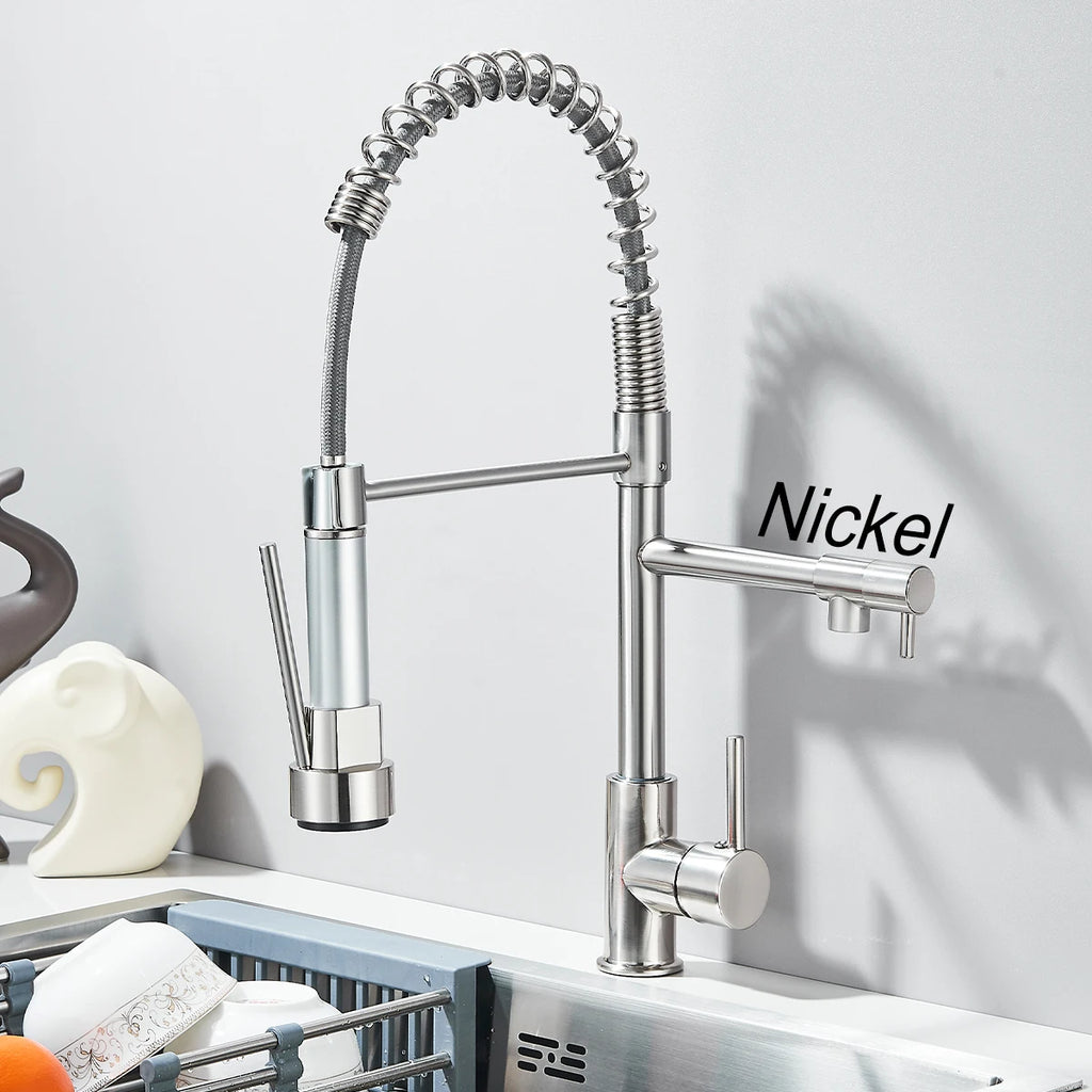 Black Pull Down Kitchen Faucet Dual Spout 360° Rotation Hot Cold Water Mixer Tap Single Handle Deck Mounted Kitchen Sink Crane