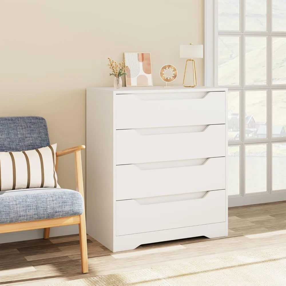 White Dresser, 4 Drawers Dresser, Modern Chest of Drawers with Cut-Out Handles, Small Dressers with Drawer, Wood Makeup Chest O