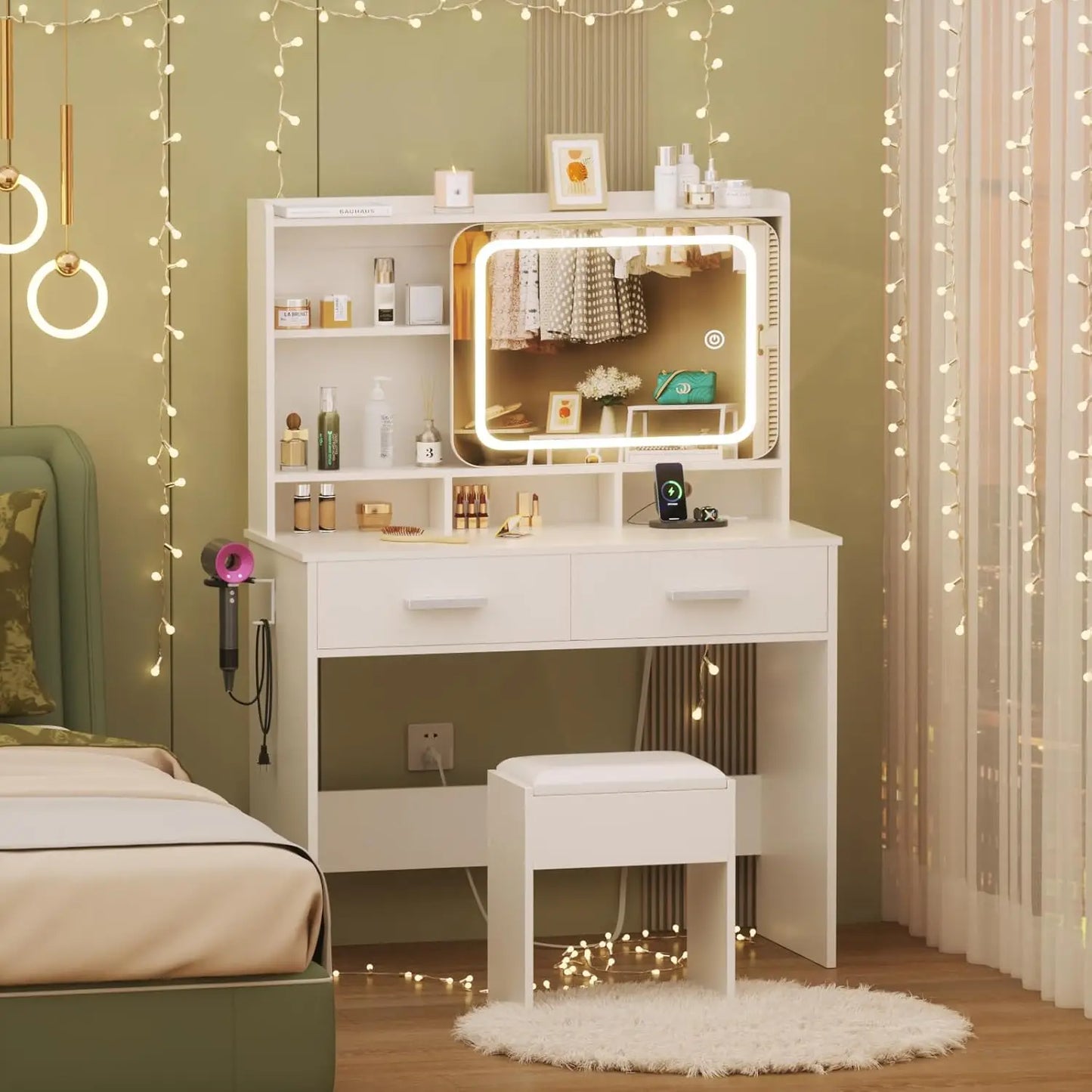 TAYAO White Vanity Desk with LED Lights Mirror Power Outlet and Chair 3 Lighting Modes 2 Drawers, 2 Shelves and Cushioned Stool