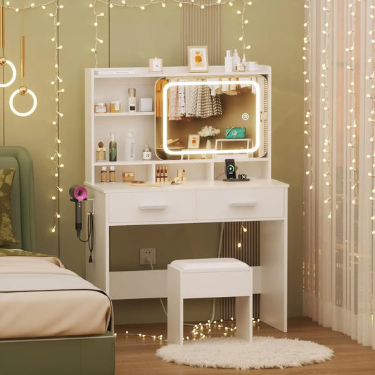 TAYAO White Vanity Desk with LED Lights Mirror Power Outlet and Chair 3 Lighting Modes 2 Drawers, 2 Shelves and Cushioned Stool