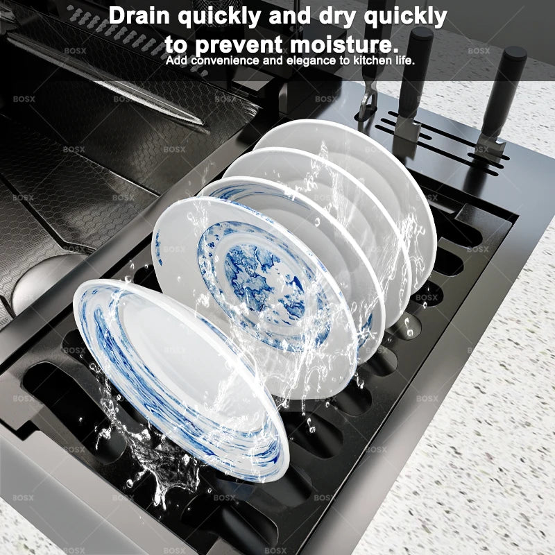 New Stainless Steel Waterfall Kitchen Sink Embossed Extra Large Single Slot Digital Display Dishwashing Sinks With Draining Rack