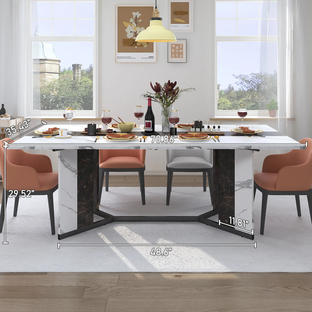 71In Large Rectangular White Dining Table for 4 5 6 8 10 People, Family Dinner Table w/Marble Color, Wood Tabletop, Metal Leg