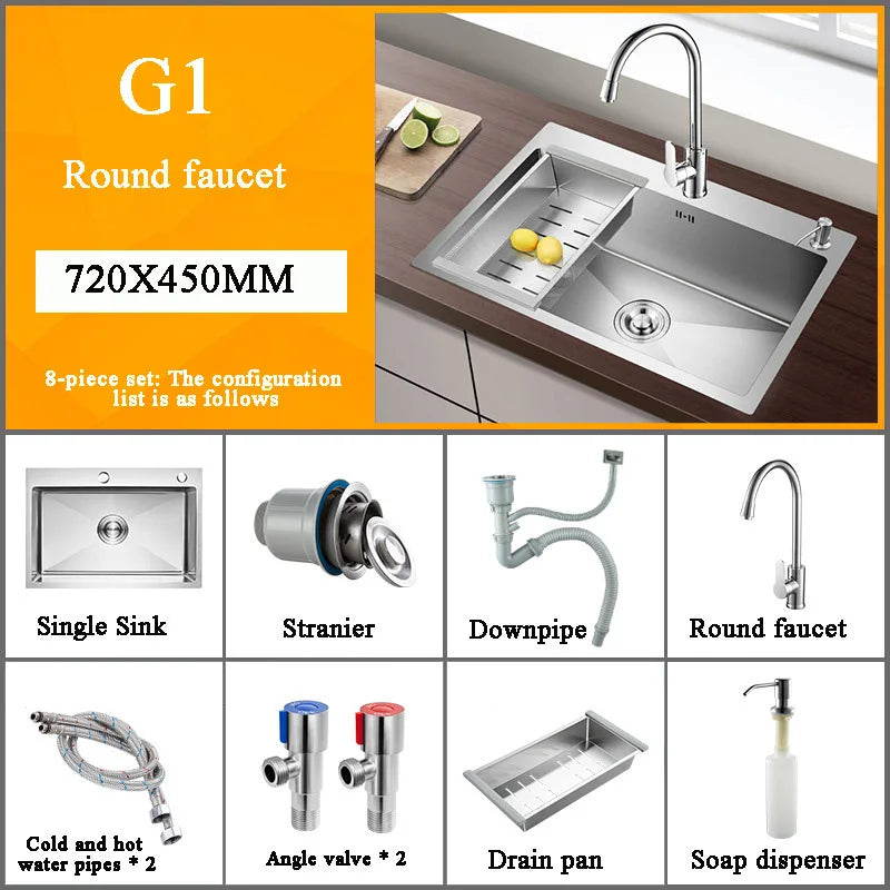 Stainless Steel Kitchen Sink Farm House Above Counter Undermounter Single Bowel Wash Basin with Faucet Drain Kitchen Accessories