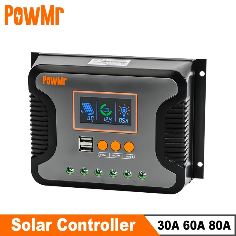 PowMr PWM 80A 60A 30A Solar Charge Controller 12V 24V 36V 48V Lead-Acid Lithium Battery Charger Max PV 100V Dual Control Mode
