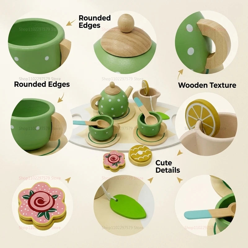 Kids Wooden Afternoon Tea Set Toys Kitchen Accessories for Tea Party Play Educational Pretend Food Gift for Girls Boys Toddlers