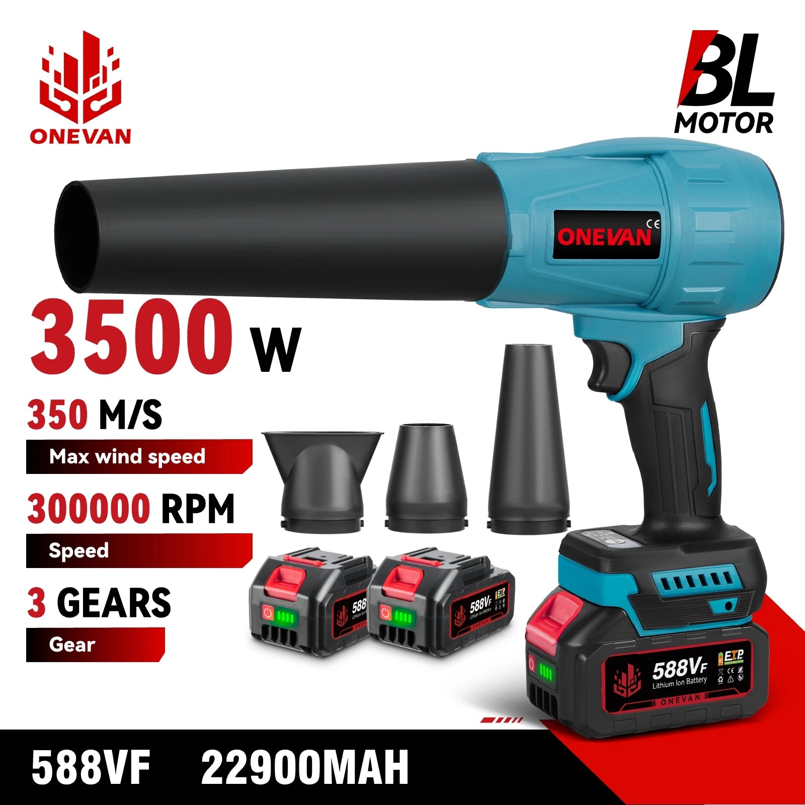 ONEVAN Brushless Electric Turbo Blower Jet Fan 3500W 300000RPM Nozzle Leaf Blower Dust Blowing Tool For Makita 18V Battery Pin