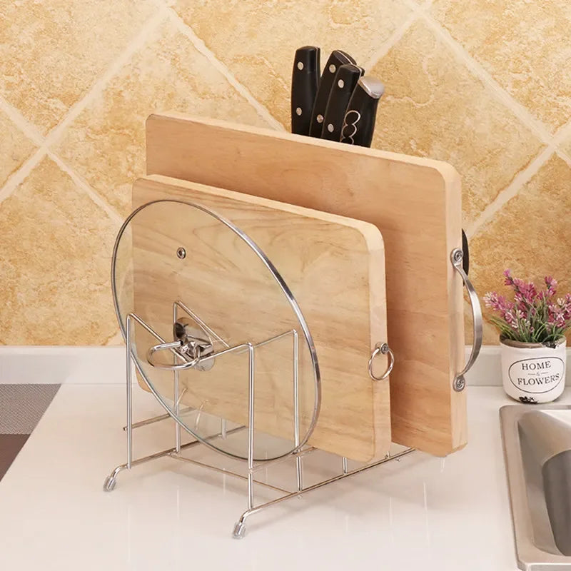 Stainless Steel Pan Pot Cover Lid Rack Sundries Organizer Kitchen Knife& Vegetable Cutter& Cutting Board Storage Rack Home Tool