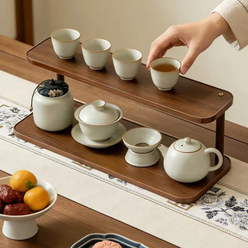 Versatile 2 Level Wooden Storage Rack For Kitchen And Tea Room, Decorative Desktop Multilayer Storage Rack Countertop Organizer