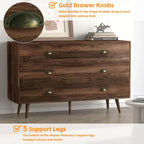 Dresser for Bedroom with 6 Drawers, Mid Century Modern Dresser with Gold Handles, Wooden Dressers & Chest of Drawers Organizer
