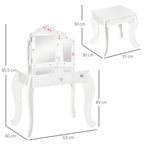 HOMCOM Kids Vanity Table & Stool Girls Dressing Set Make Up Desk with Rotatable Mirrors Drawer Star & Heart Pattern White