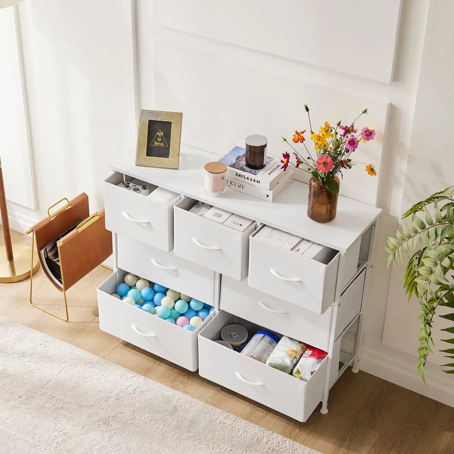 Dressers with 7 Fabric Drawers, Drawer Cabinet, Organization Furniture for Kitchen, Office, Hallway, White