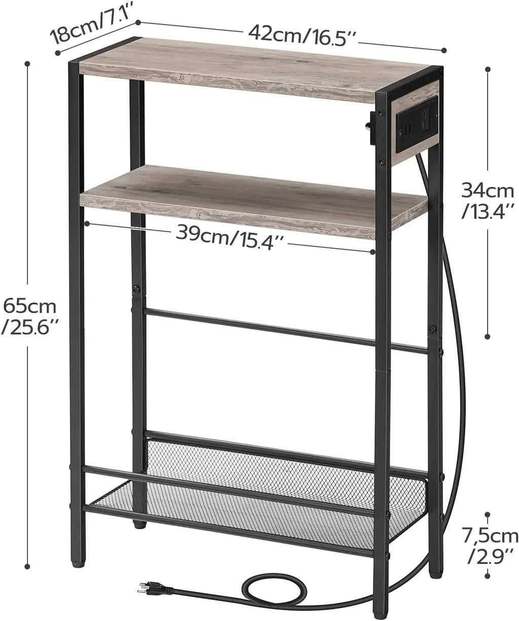 Small Narrow Side Table with Charging Station Set of 2, Skinny End Table for Small Spaces, Slim Nightstand with USB Ports Outlet