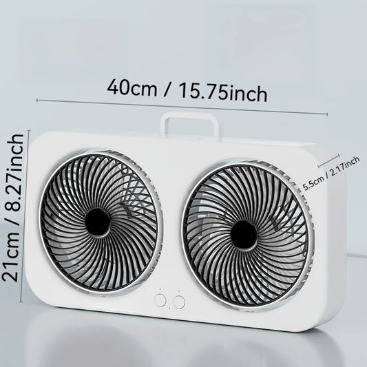 Dual head USB fan with 360 ° rotatable blades, wall mounted and free standing design, rechargeable, suitable for offices, bedroo