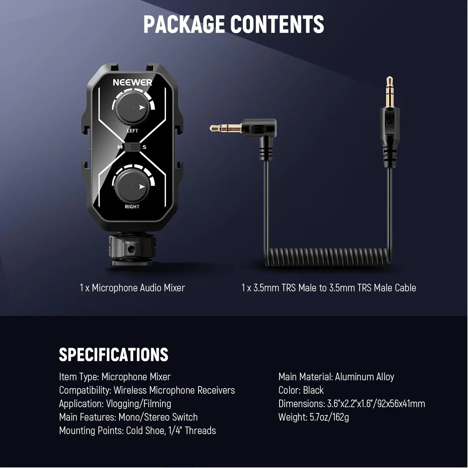 NEEWER MM02 Dual Channel Microphone Audio Mixer Adapter with 3.5mm TRS Cable Stereo/Mono Switch Cold Shoe Mounts for DSLR Phone
