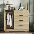 Multifunctional Wooden Dresser for Bedroom, 43.3'' H 2 Door Wardrobe Armoire Closet with 4 Drawers and Hanging Rod