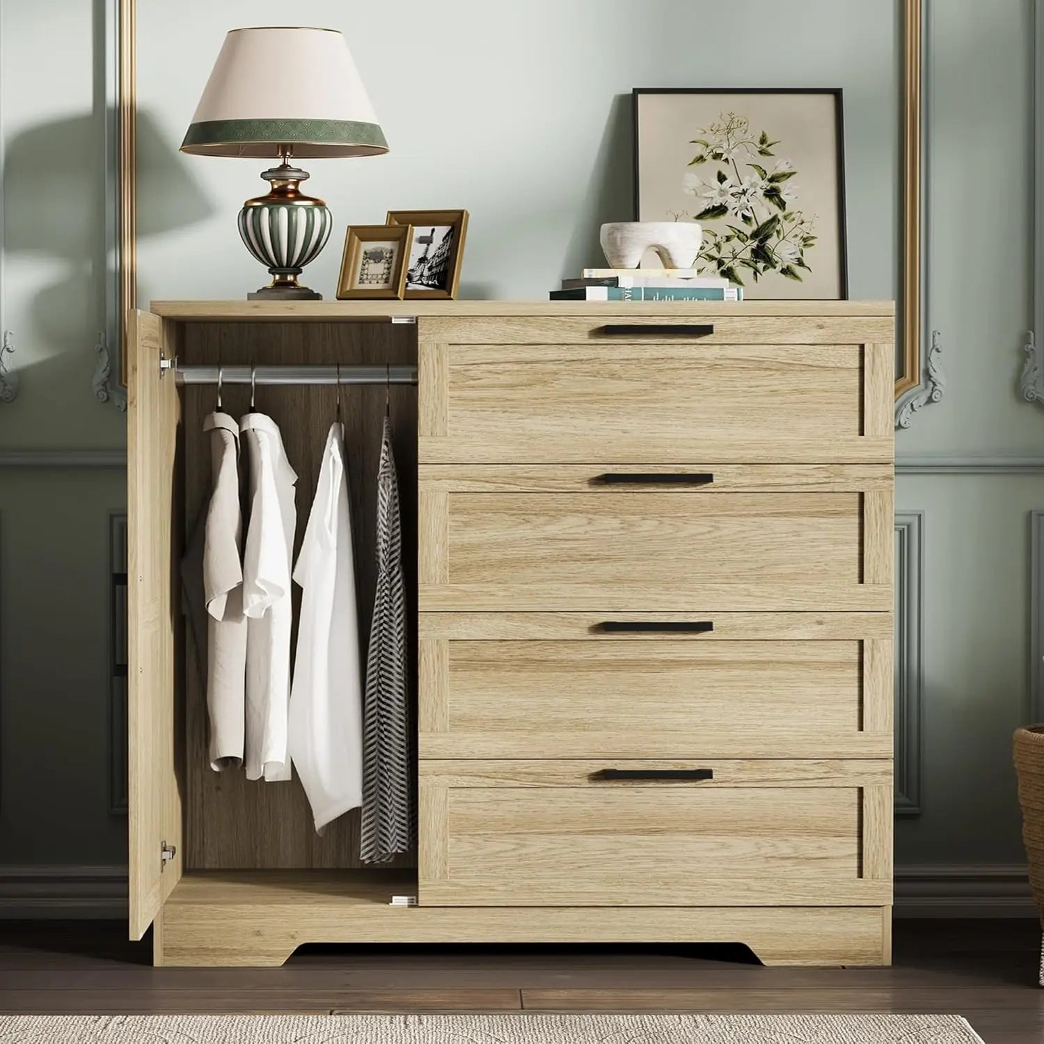 Multifunctional Wooden Dresser for Bedroom, 43.3'' H 2 Door Wardrobe Armoire Closet with 4 Drawers and Hanging Rod
