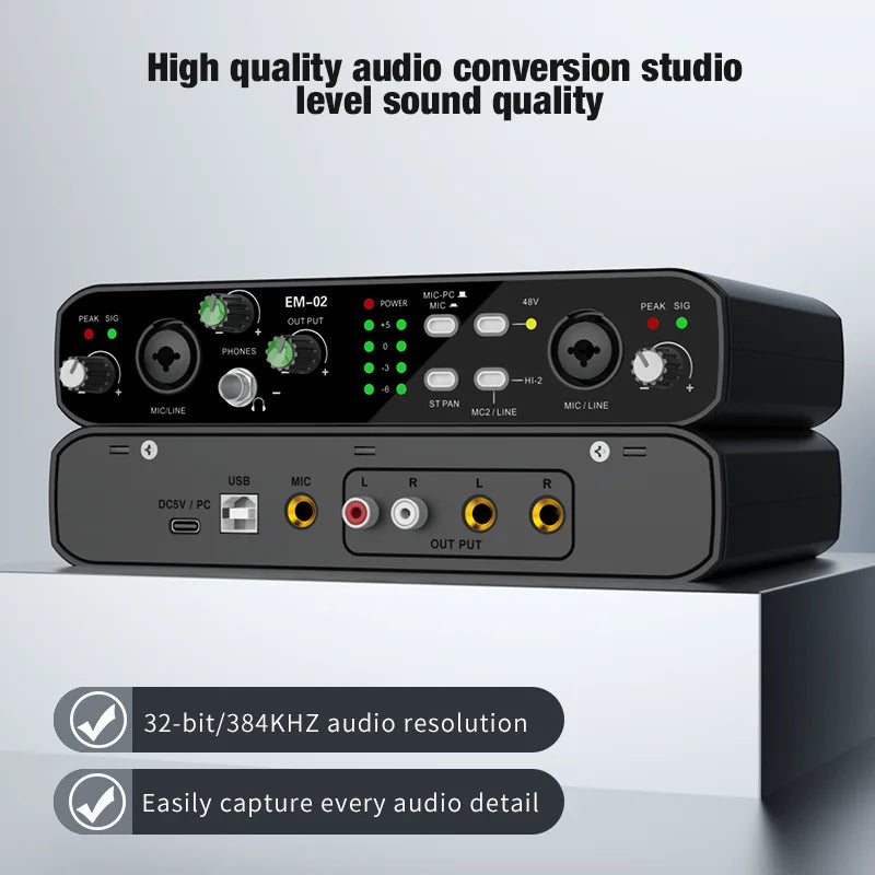2-in/2-out 48V Phantom Power Mic Audio Interface, 32-bit/384kHz Audio Resolution, Mic Preamp, Low Noise & Distortion, for Electr