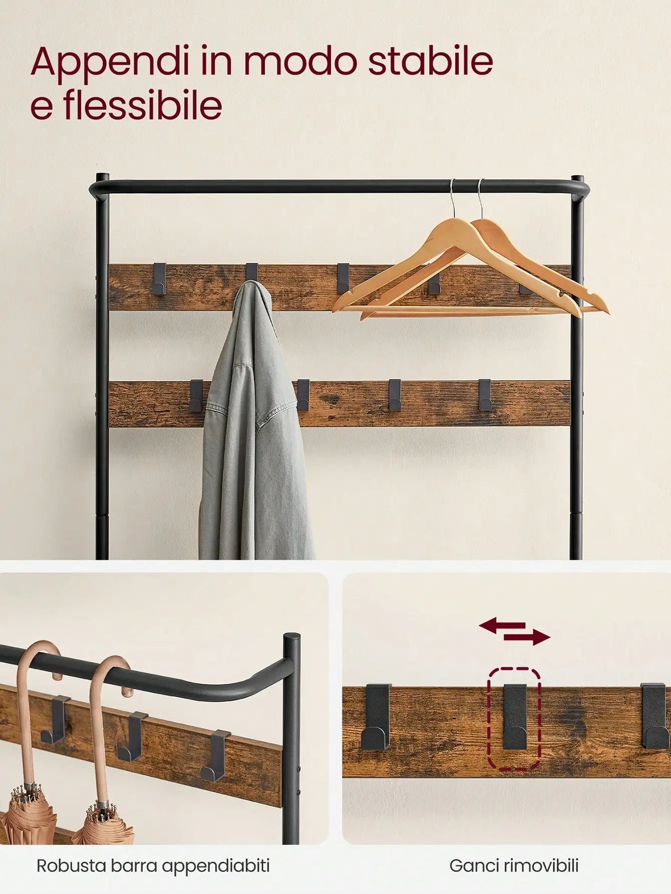 VASAGLE Coat Rack with Shoe Storage, Hall Tree Bench, 9 Hooks, Top Bar, 32.2 x 84 x 180 cm, Bedroom Organizer