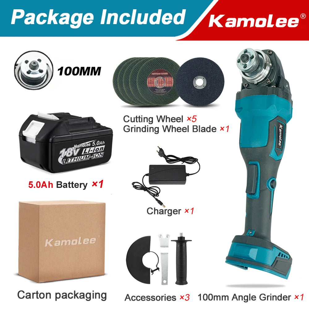 Kamolee M10 100MM 18500RPM Brushless Cordless Angle Grinder 3 Speed Cutting Power Tools Apply to 18V 21V Battery