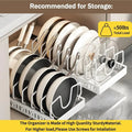Pull-out pot rack organizer with adjustable shelves, space-saving kitchen cabinet storage