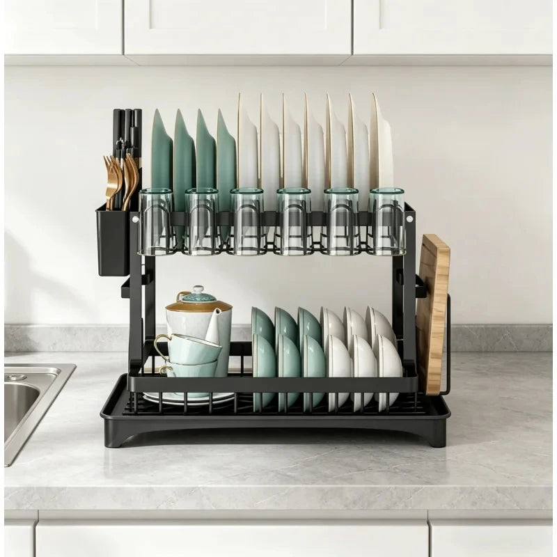 2-Tier Kitchen Dish Drying Rack, Tableware Drain Storage Holder for Bowl, Cup, Chopsticks, Knife and Fork