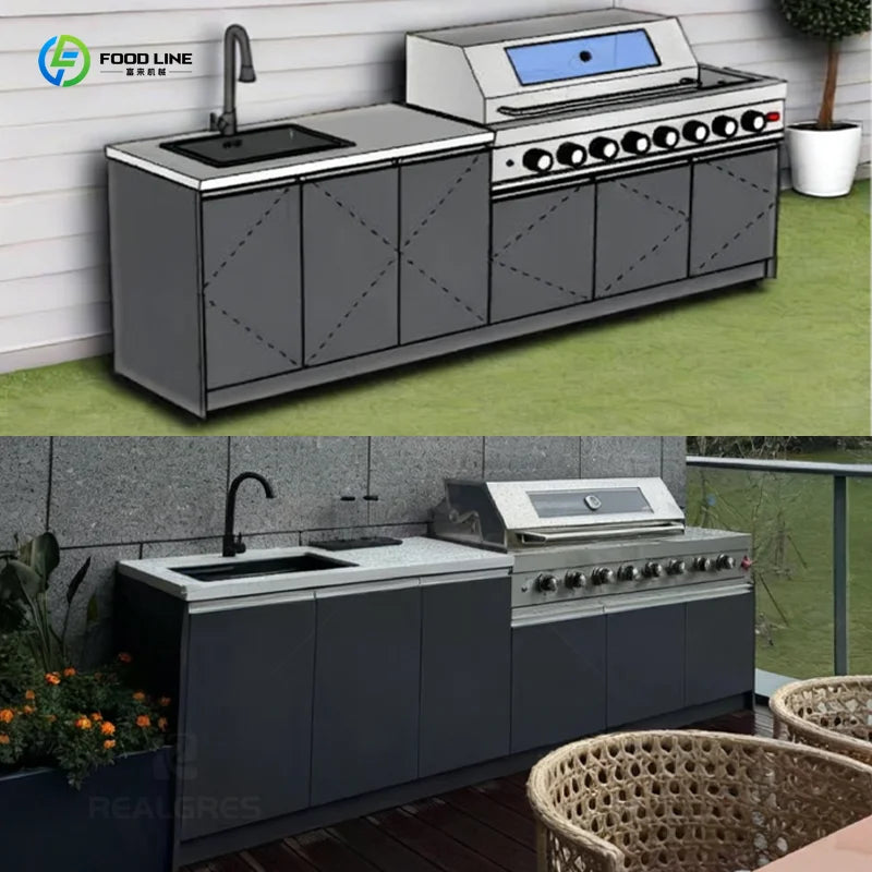 Customized Stainless Steel Modular BBQ Kitchen Cabinet Modern Style Fireproof Eco Friendly Villa Outdoor Cooking Furniture