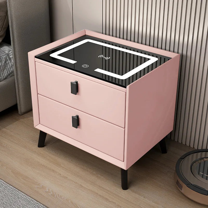 Nordic Style Smart Bedside Table with 2 Drawers 50cm Leather Nightstan