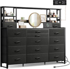 Bedroom 15 & Adjustable Shelves, Tall Dresser with Charging Station, Chest of Drawers for Closet