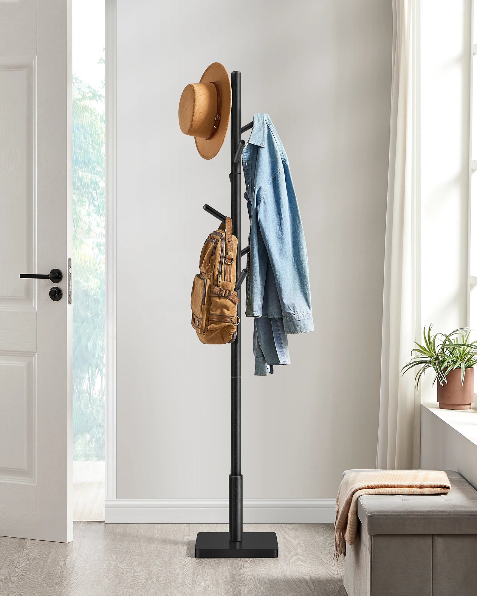 VASAGLE coat rack, dresses stand, solid wood, freestanding tree shape, 8 hooks for jackets, Hats, Bags, Entrance
