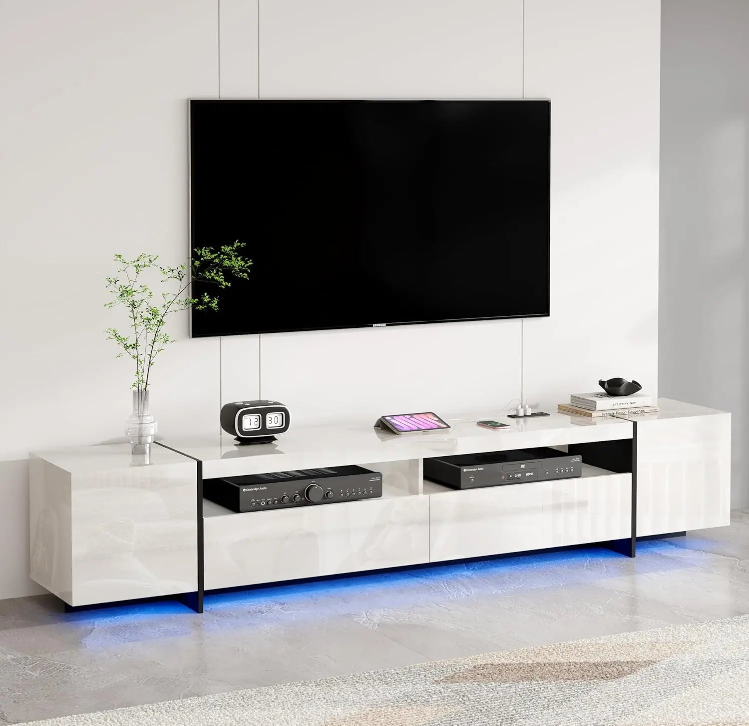 94.5" W TV Stand for Up to 100" TV, Modern Entertainment Center with LED Lights and Power Outlets, Media Console with Cabinet